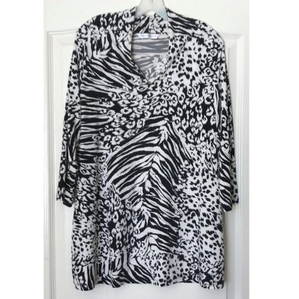 Peter Nygard Black & White Animal Print Tunic Blouse Top Size L